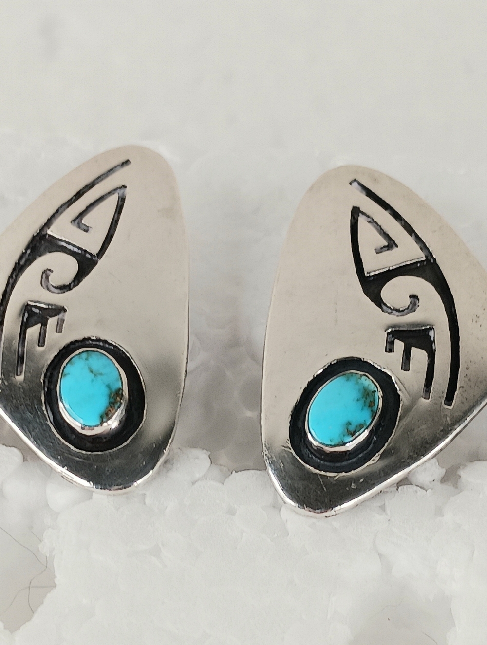 Earrings Clip On Vintage Navajo Sterling Turquoise Elongated Shadowbox Symbols - Picture 3 of 12